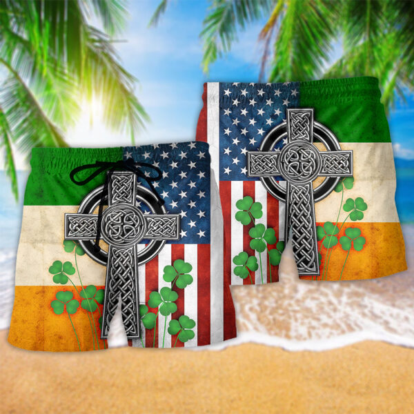 American Flag Celtic Cross Irish Saint Patrick's Day All Over - Beach Short