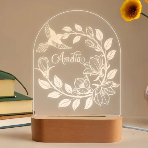 Wreath Night Light - Engraved LED Lamp, Unique Plexiglass Decor