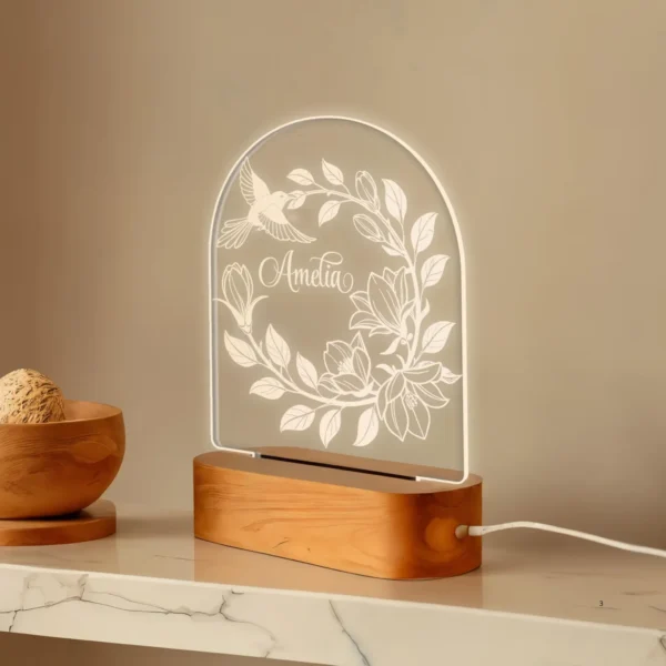 Wreath Night Light - Engraved LED Lamp, Unique Plexiglass Decor