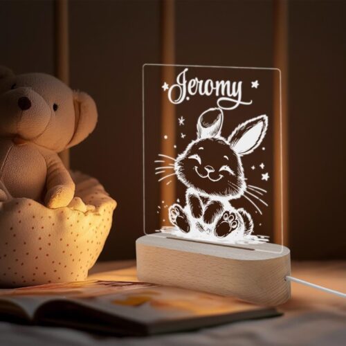 Rabbit Night Light - Engraved LED Lamp, Unique Plexiglass Decor