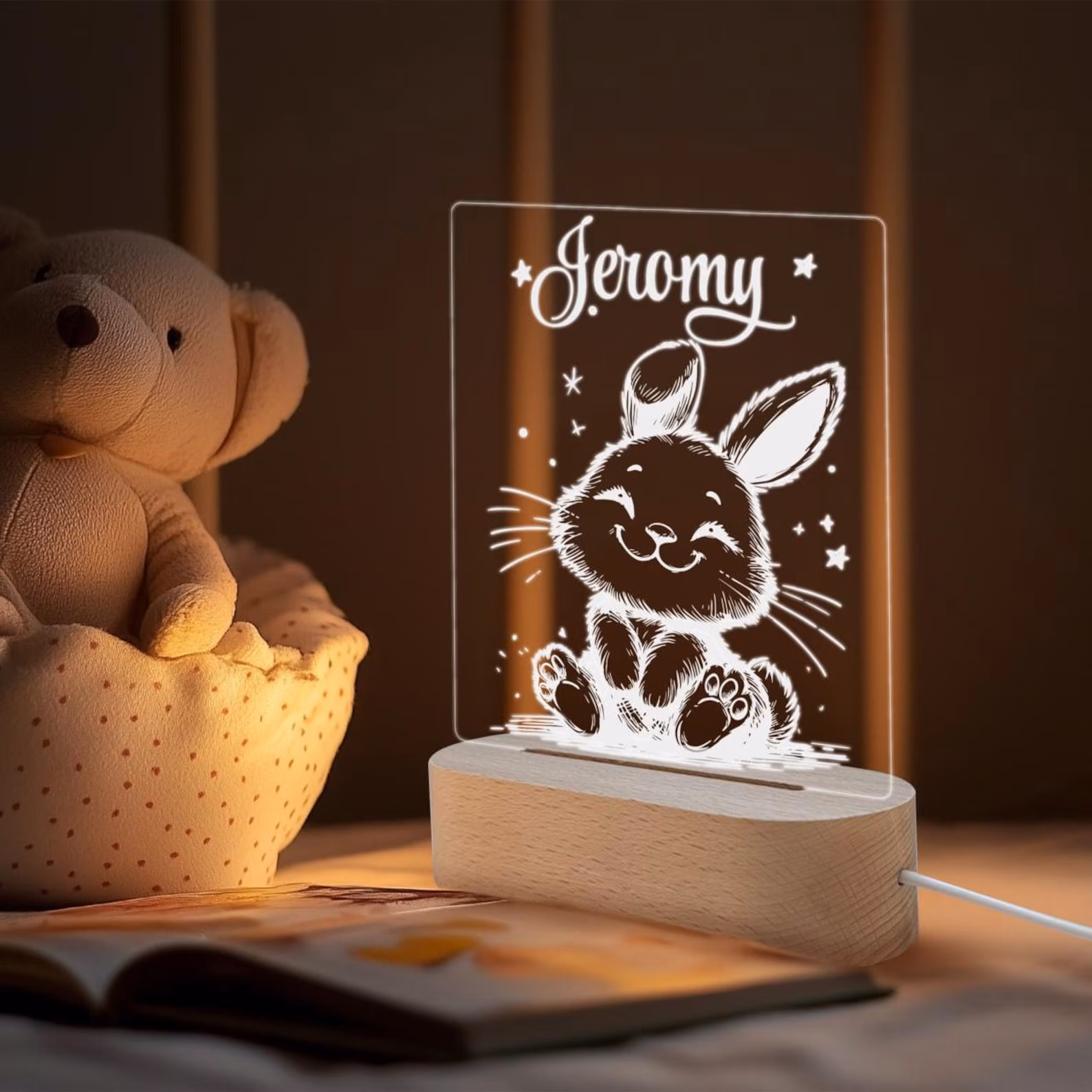 Rabbit Night Light - Engraved LED Lamp, Unique Plexiglass Decor