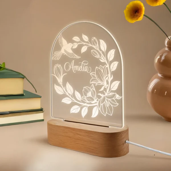 Wreath Night Light - Engraved LED Lamp, Unique Plexiglass Decor